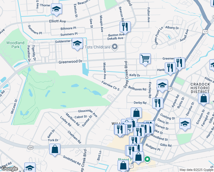 map of restaurants, bars, coffee shops, grocery stores, and more near 19 Fairview Circle South in Portsmouth