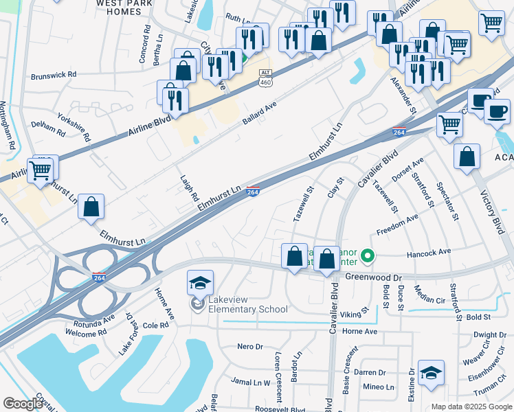 map of restaurants, bars, coffee shops, grocery stores, and more near 1642 Darren Circle in Portsmouth