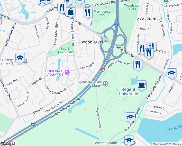 map of restaurants, bars, coffee shops, grocery stores, and more near 1100 Newcombe Drive in Virginia Beach