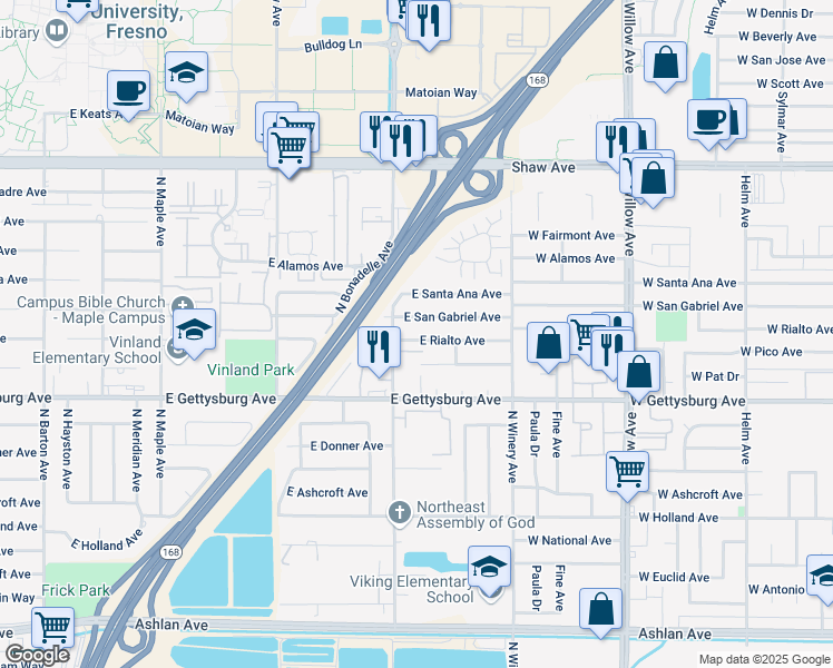 map of restaurants, bars, coffee shops, grocery stores, and more near 4756 North Chestnut Avenue in Fresno