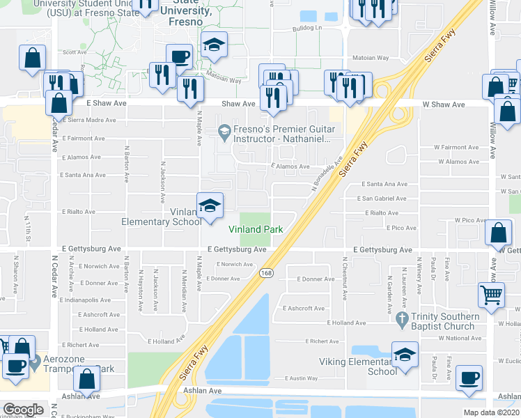 map of restaurants, bars, coffee shops, grocery stores, and more near 4757 North Woodrow Avenue in Fresno