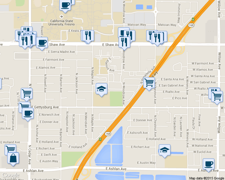 map of restaurants, bars, coffee shops, grocery stores, and more near 4757 North Woodrow Avenue in Fresno