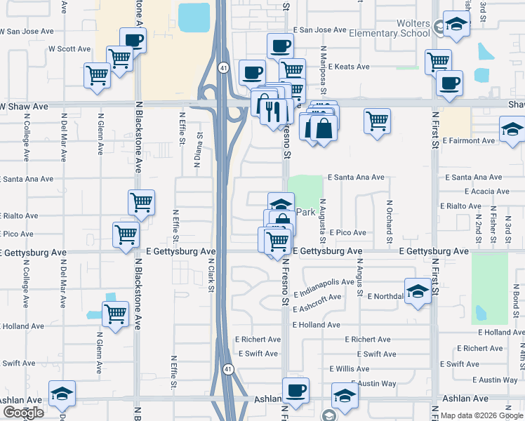 map of restaurants, bars, coffee shops, grocery stores, and more near 2404 East Acacia Avenue in Fresno