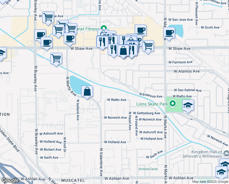 map of restaurants, bars, coffee shops, grocery stores, and more near 4597 North Emerson Avenue in Fresno