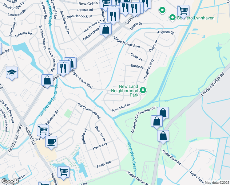 map of restaurants, bars, coffee shops, grocery stores, and more near 2952 Old Glory Road in Virginia Beach