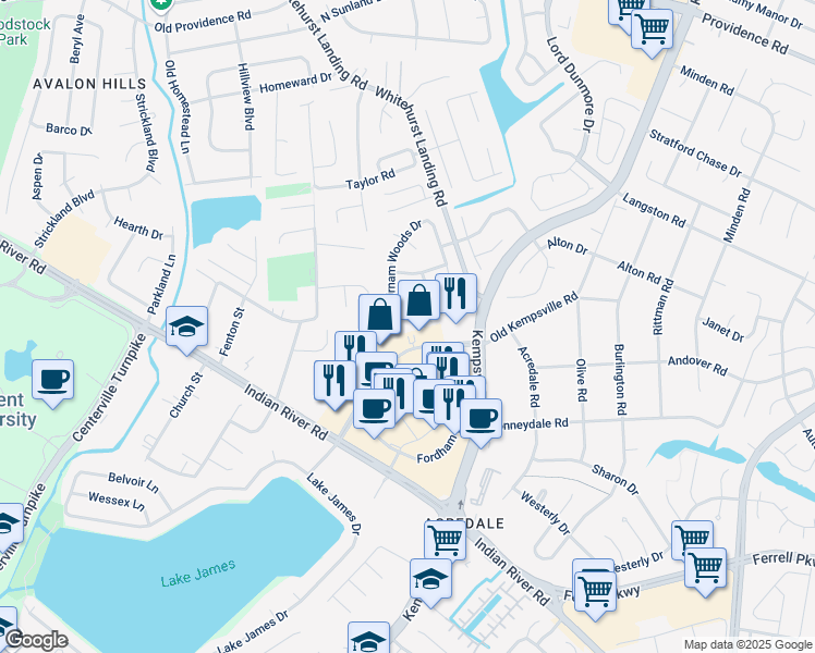 map of restaurants, bars, coffee shops, grocery stores, and more near 5417 Cawdor Circle in Virginia Beach