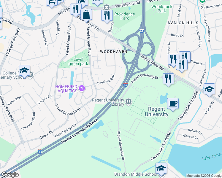 map of restaurants, bars, coffee shops, grocery stores, and more near 1100 Newcombe Drive in Virginia Beach