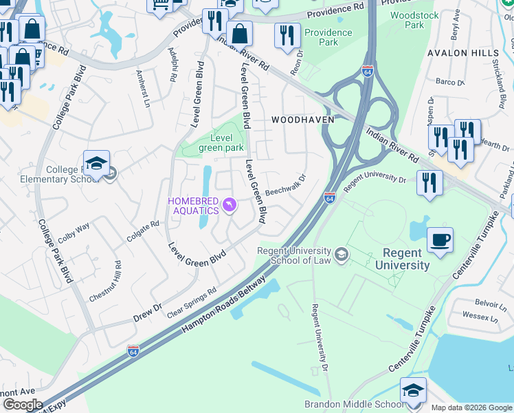 map of restaurants, bars, coffee shops, grocery stores, and more near 1137 Evert Drive in Virginia Beach