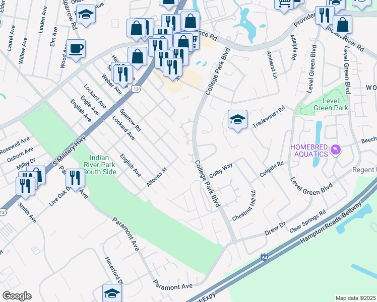 map of restaurants, bars, coffee shops, grocery stores, and more near 6472 Duquesne Place in Virginia Beach