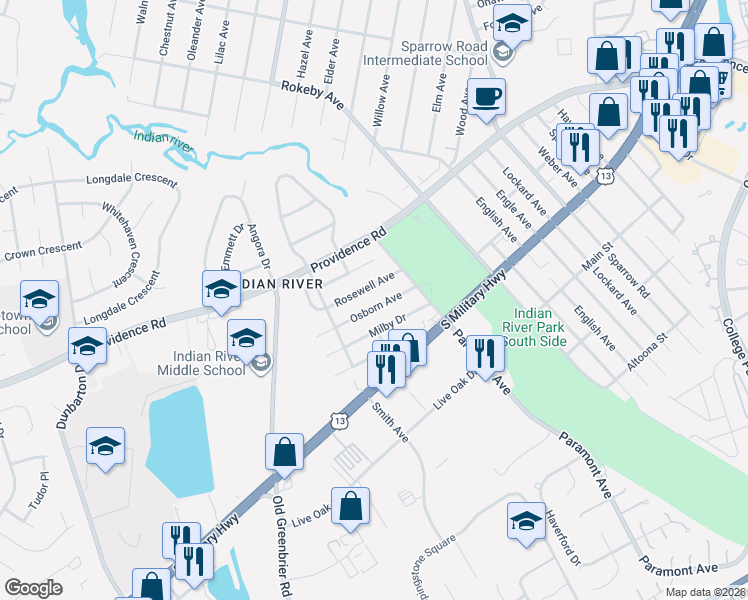 map of restaurants, bars, coffee shops, grocery stores, and more near 729 Rosewell Avenue in Chesapeake