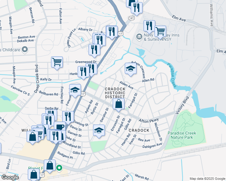 map of restaurants, bars, coffee shops, grocery stores, and more near 25 Cushing Street in Portsmouth