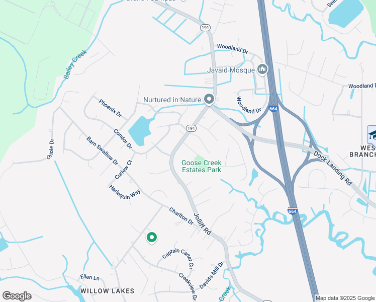 map of restaurants, bars, coffee shops, grocery stores, and more near 4609 Goose Creek Flyway in Chesapeake