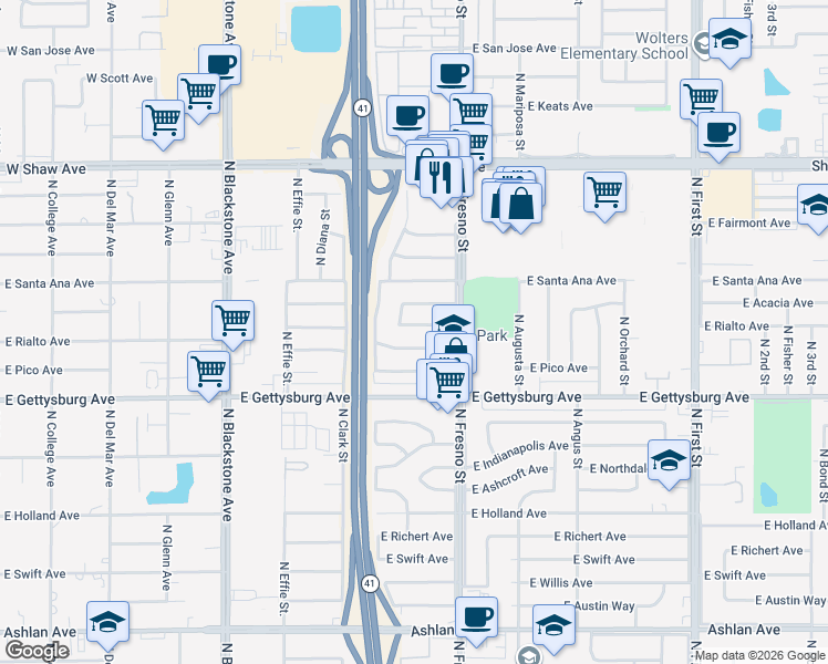 map of restaurants, bars, coffee shops, grocery stores, and more near 2324 East San Gabriel Avenue in Fresno