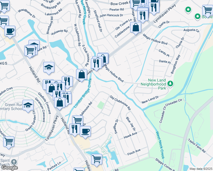 map of restaurants, bars, coffee shops, grocery stores, and more near 3133 Magic Hollow Boulevard in Virginia Beach