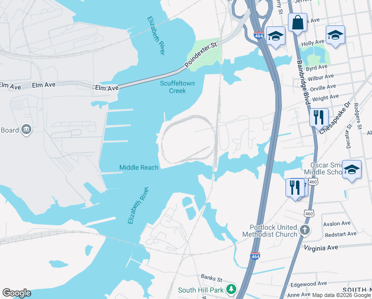 map of restaurants, bars, coffee shops, grocery stores, and more near 501 Barnes Road in Chesapeake