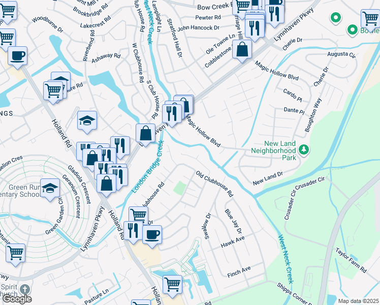 map of restaurants, bars, coffee shops, grocery stores, and more near 3304 Scarborough Way in Virginia Beach