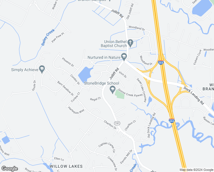 map of restaurants, bars, coffee shops, grocery stores, and more near 1631 Jolliff Road in Chesapeake