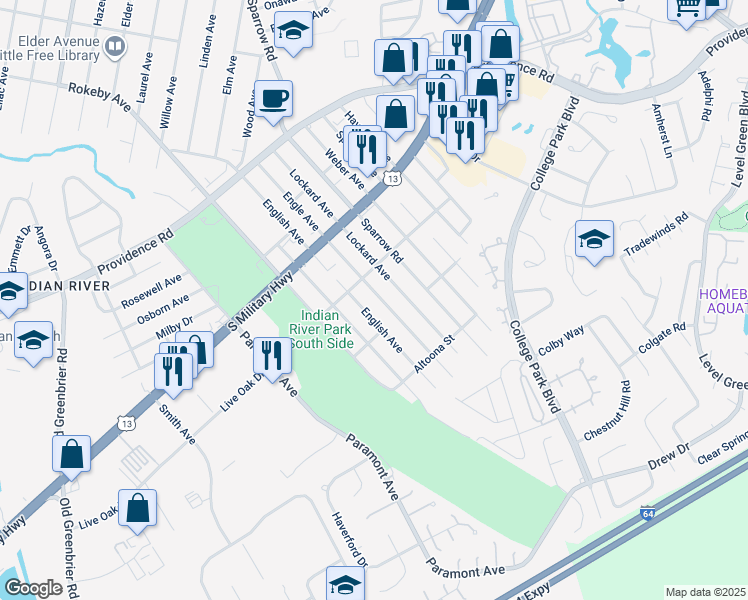 map of restaurants, bars, coffee shops, grocery stores, and more near 2025 Engle Avenue in Chesapeake