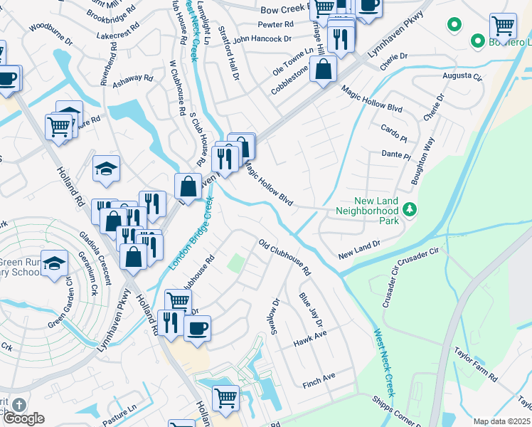 map of restaurants, bars, coffee shops, grocery stores, and more near 1002 Scarborough Court in Virginia Beach