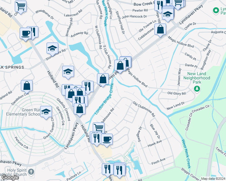 map of restaurants, bars, coffee shops, grocery stores, and more near 1104 Lynnhaven Parkway in Virginia Beach
