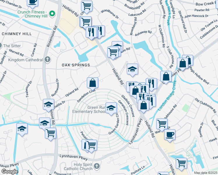 map of restaurants, bars, coffee shops, grocery stores, and more near 3402 Dandelion Crescent in Virginia Beach