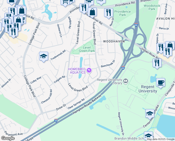 map of restaurants, bars, coffee shops, grocery stores, and more near 5937 Beechwalk Drive in Virginia Beach