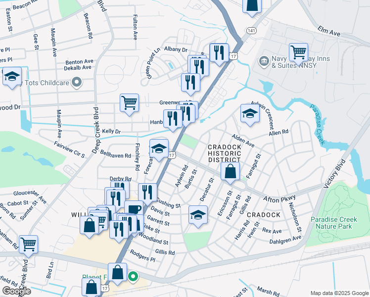 map of restaurants, bars, coffee shops, grocery stores, and more near 8 Parkside Place in Portsmouth