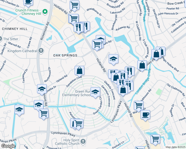 map of restaurants, bars, coffee shops, grocery stores, and more near 3402 Dandelion Crescent in Virginia Beach