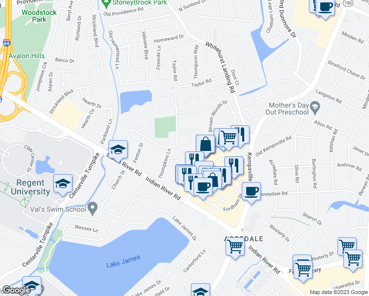 map of restaurants, bars, coffee shops, grocery stores, and more near 5405 Larissa Court in Virginia Beach