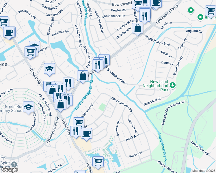 map of restaurants, bars, coffee shops, grocery stores, and more near 3133 Magic Hollow Boulevard in Virginia Beach