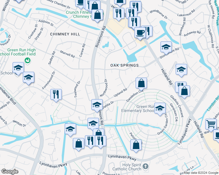 map of restaurants, bars, coffee shops, grocery stores, and more near 3789 Ridgeview Court in Virginia Beach