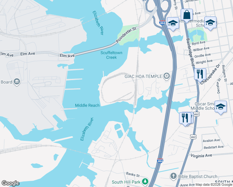 map of restaurants, bars, coffee shops, grocery stores, and more near 401 Barnes Road in Chesapeake