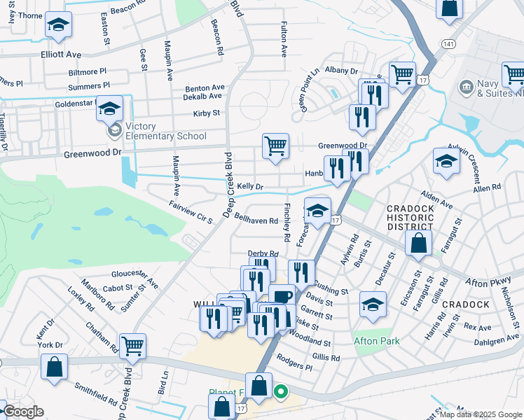map of restaurants, bars, coffee shops, grocery stores, and more near 202 Ashburn Road in Portsmouth
