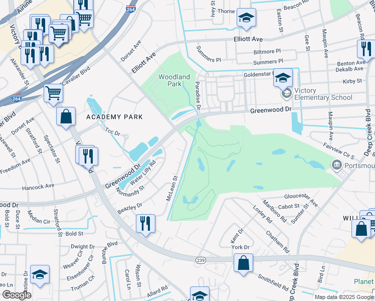 map of restaurants, bars, coffee shops, grocery stores, and more near 515 McLean Street in Portsmouth