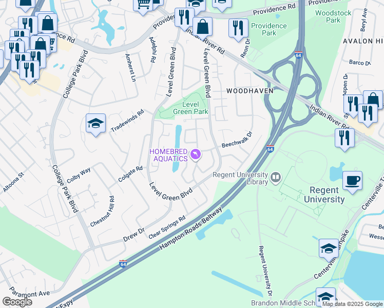 map of restaurants, bars, coffee shops, grocery stores, and more near 5937 Beechwalk Drive in Virginia Beach