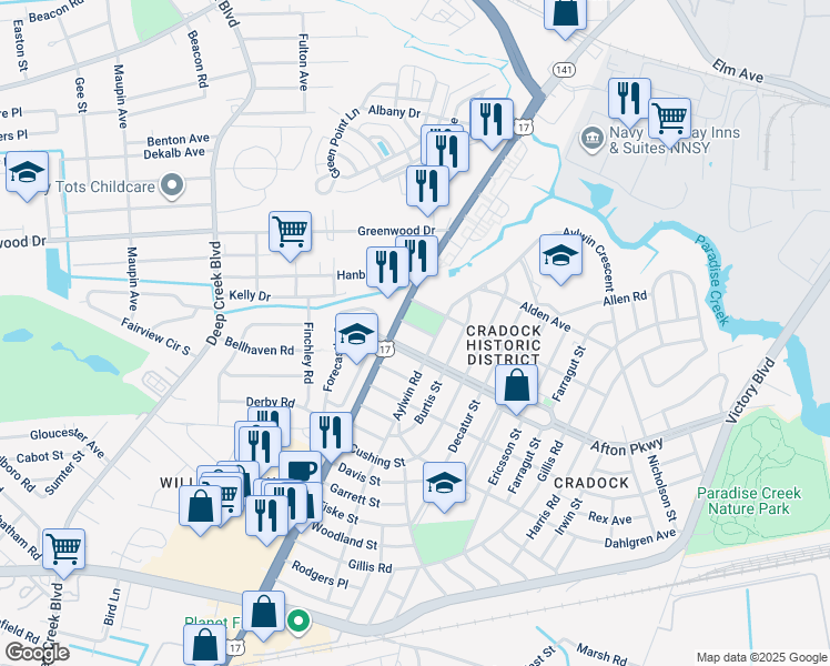 map of restaurants, bars, coffee shops, grocery stores, and more near 8 Parkside Place in Portsmouth