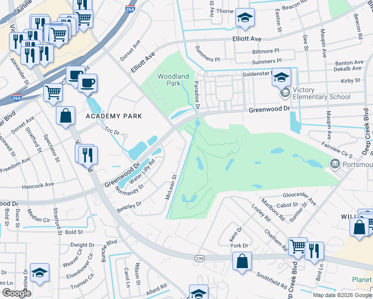 map of restaurants, bars, coffee shops, grocery stores, and more near 515 McLean Street in Portsmouth