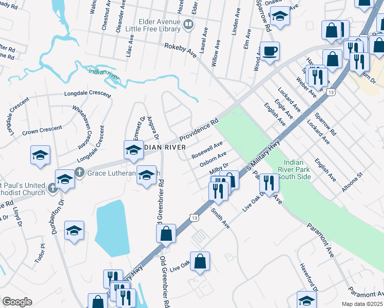 map of restaurants, bars, coffee shops, grocery stores, and more near 704 Rosewell Avenue in Chesapeake