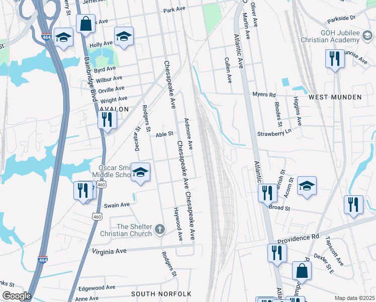 map of restaurants, bars, coffee shops, grocery stores, and more near 2224 Ardmore Avenue in Chesapeake