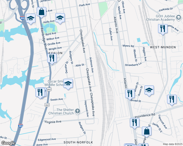 map of restaurants, bars, coffee shops, grocery stores, and more near 2224 Ardmore Avenue in Chesapeake