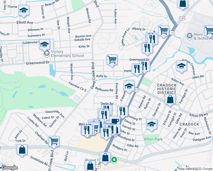 map of restaurants, bars, coffee shops, grocery stores, and more near 202 Ashburn Road in Portsmouth