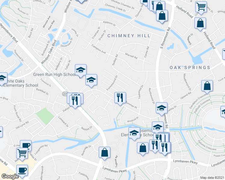 map of restaurants, bars, coffee shops, grocery stores, and more near 3837 Aberdeen Court in Virginia Beach