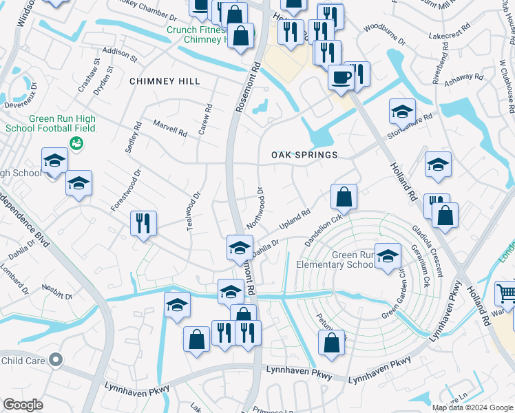 map of restaurants, bars, coffee shops, grocery stores, and more near 937 Northwood Drive in Virginia Beach