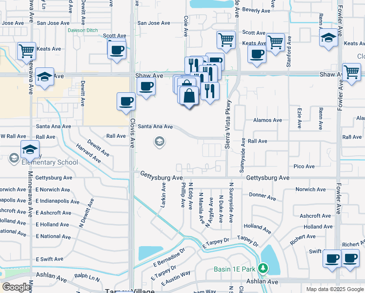 map of restaurants, bars, coffee shops, grocery stores, and more near 1170 Santa Ana Avenue in Clovis