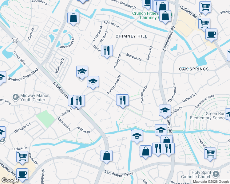 map of restaurants, bars, coffee shops, grocery stores, and more near 3848 Meadowbrook Court in Virginia Beach