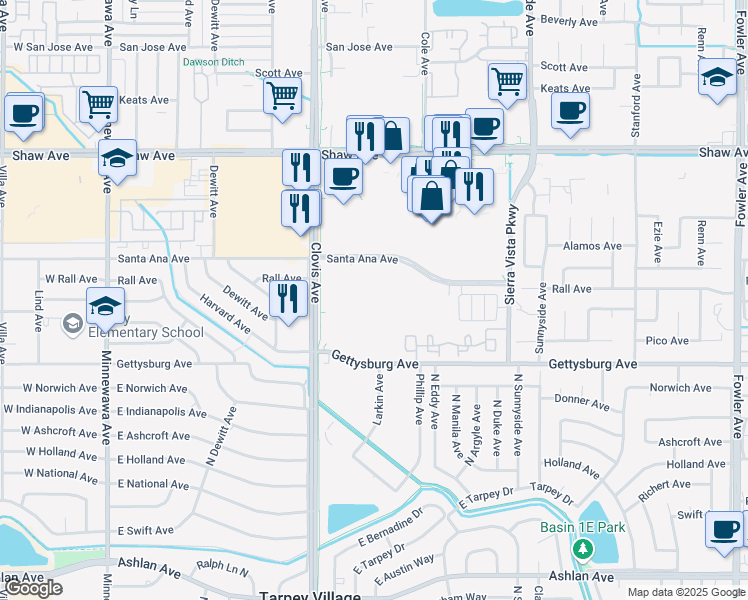 map of restaurants, bars, coffee shops, grocery stores, and more near 2555 Clovis Avenue in Clovis