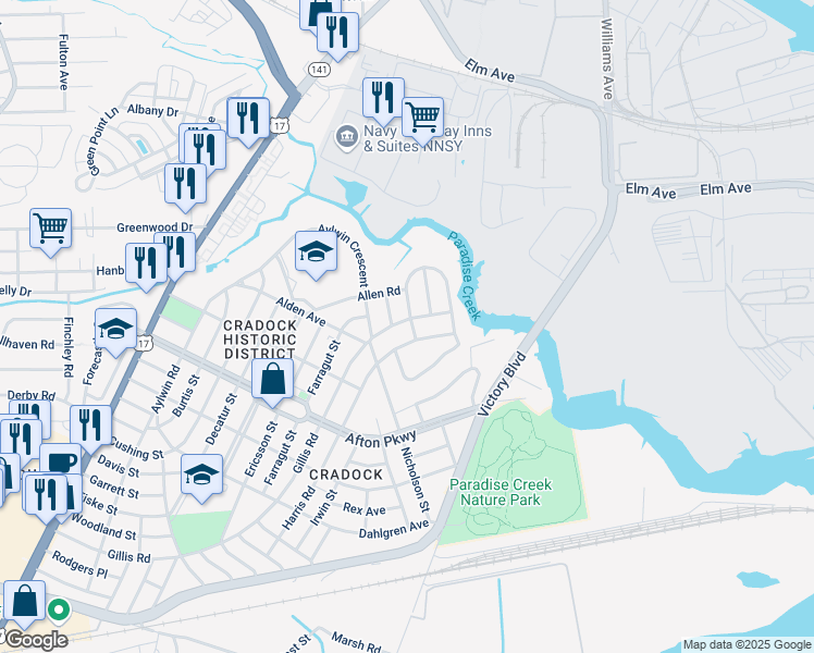map of restaurants, bars, coffee shops, grocery stores, and more near 8 Quackenbush Place in Portsmouth