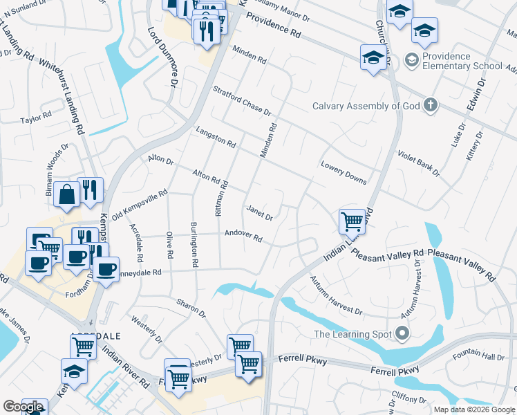 map of restaurants, bars, coffee shops, grocery stores, and more near 1085 Willowbrooke Court in Virginia Beach