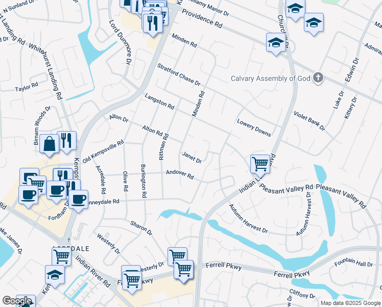 map of restaurants, bars, coffee shops, grocery stores, and more near 1093 Willowbrooke Ct in Virginia Beach
