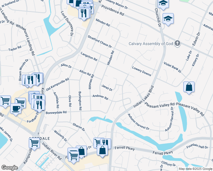 map of restaurants, bars, coffee shops, grocery stores, and more near 1093 Willowbrooke Ct in Virginia Beach